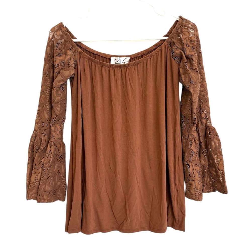 2/$30 Vava by Joy Han - Brown Off-The-Shoulder Top with Lace Bell Sleeves –Small